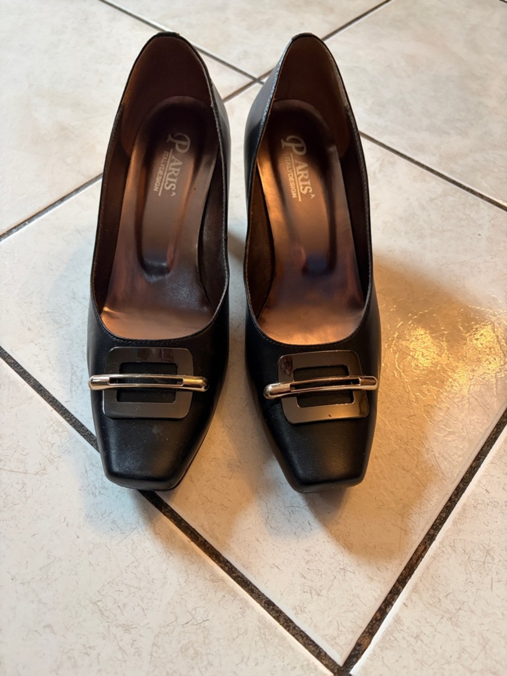 Black Women's Square-Toe Heels with GoldBuckle